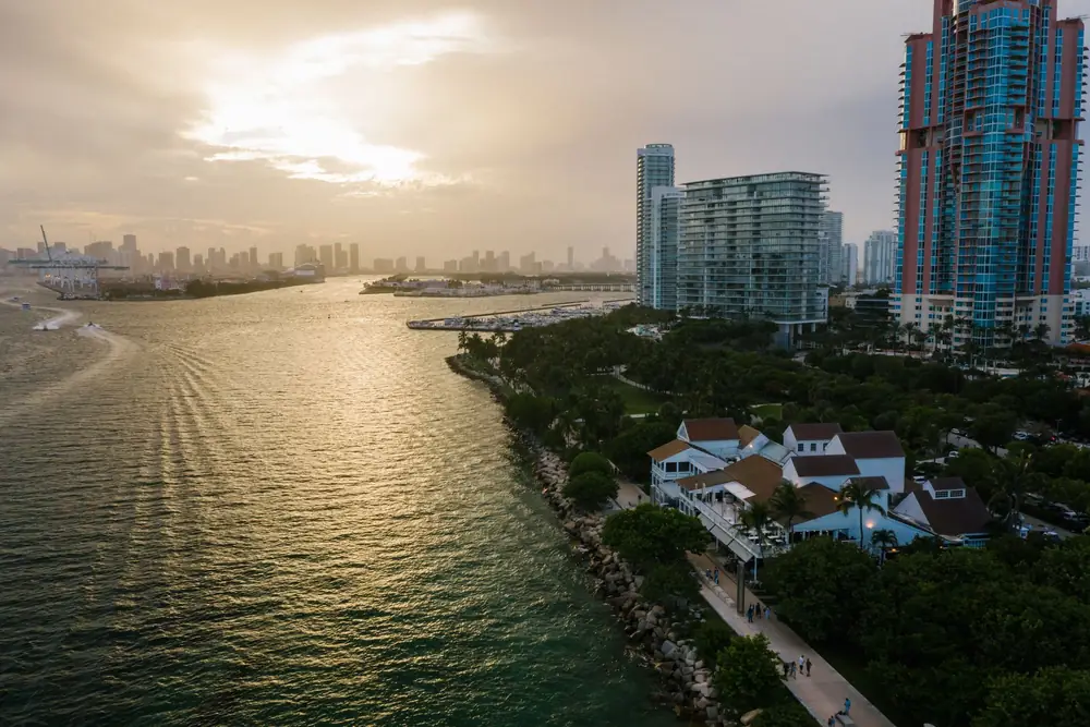 Government Cut and the Miami skyline at sunset, seen from South Pointe in Miami Beach