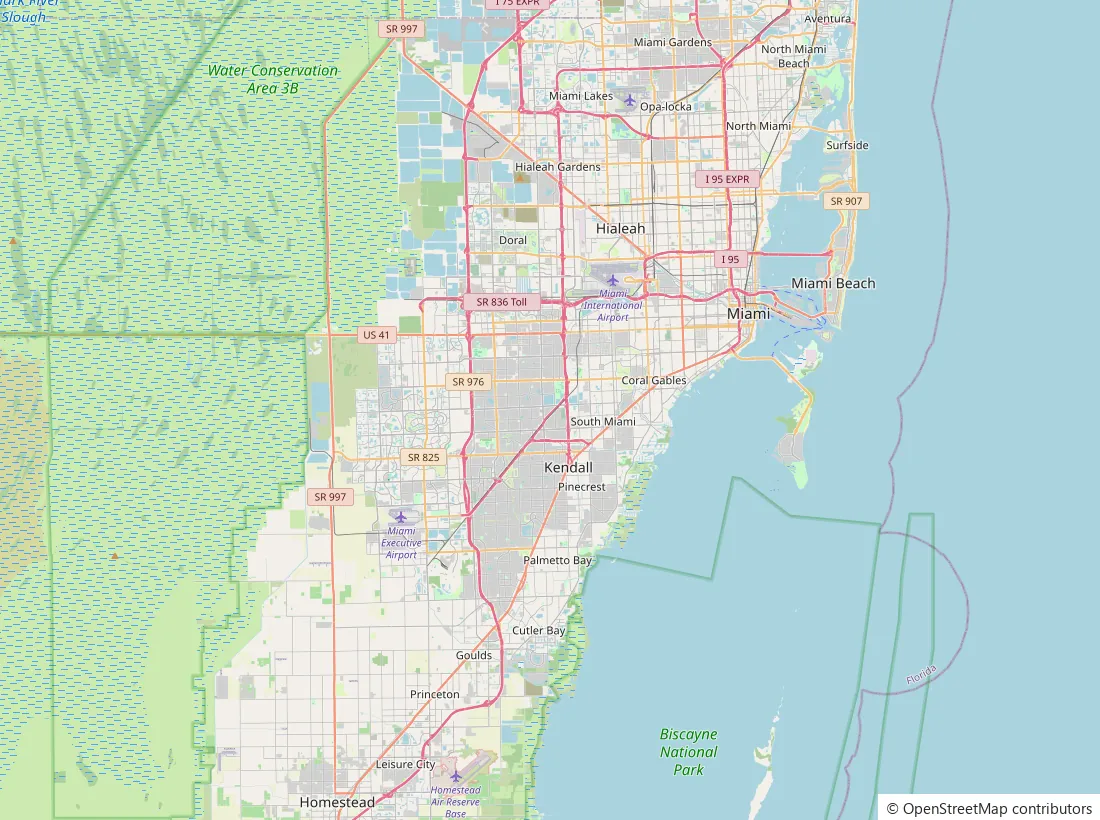 Map of Miami-Dade County from Aventura and Miami Gardens south to Homestead